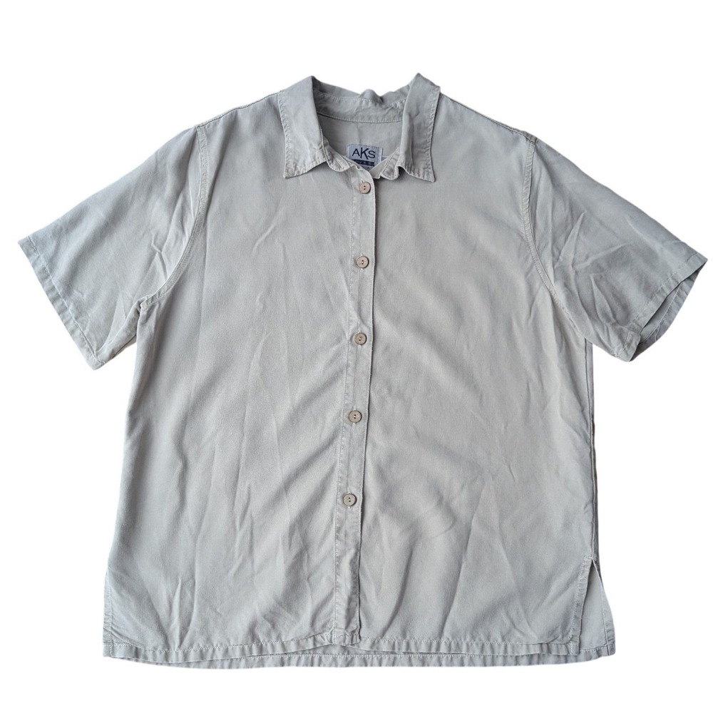 AKS Amy K Su USA Womens Beige Short Sleeve Button Up‎ safari Shirt Top XL Tencel